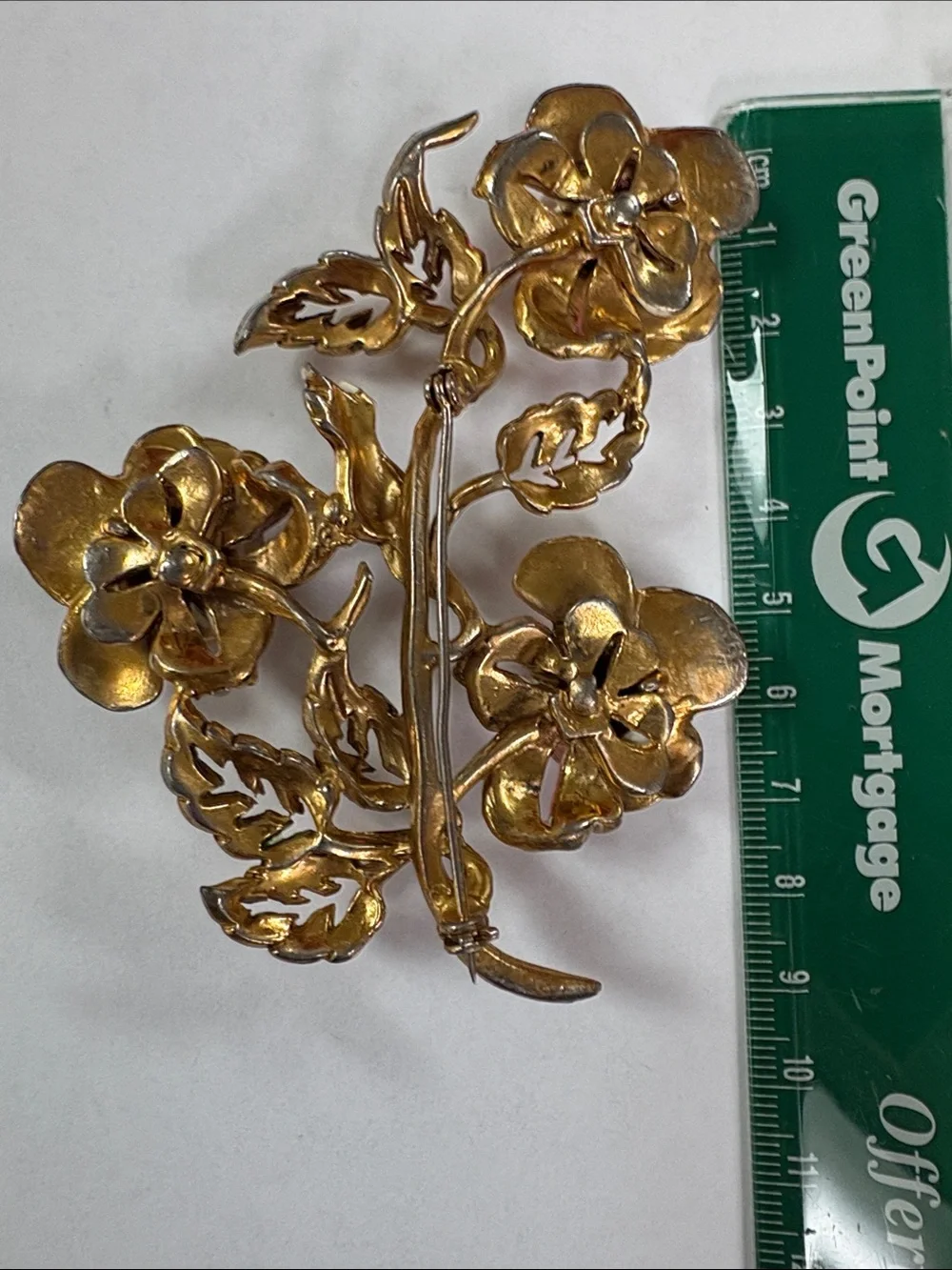 Pink Enamel Floral Brooch with Gold-Tone Leaves